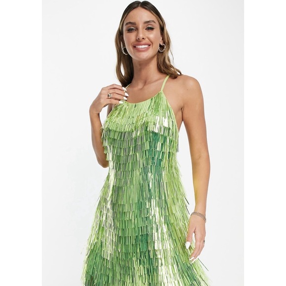 ASOS Edition Sequin Shard Backless Bright Green Mini Dress Party Cocktail Sz 4P - Picture 2 of 11